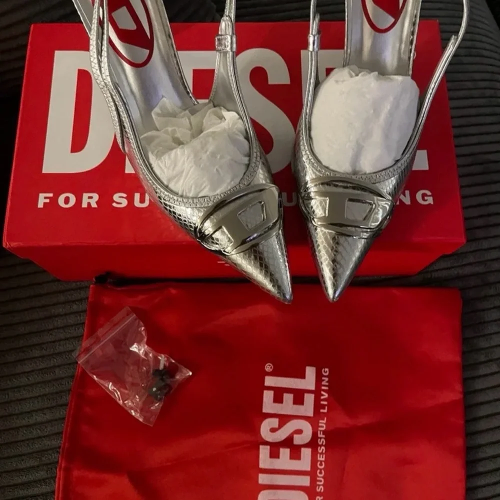 Diesel Metallic Silver Pointed Toe Slingback Heels with Buckle Accent - Picture 1 of 6